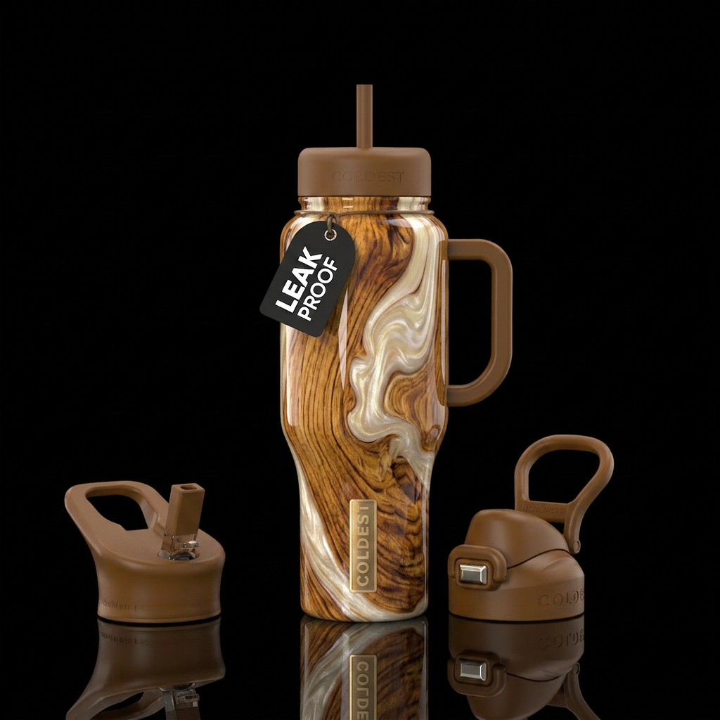 Oak and ivory poured resin water bottle design