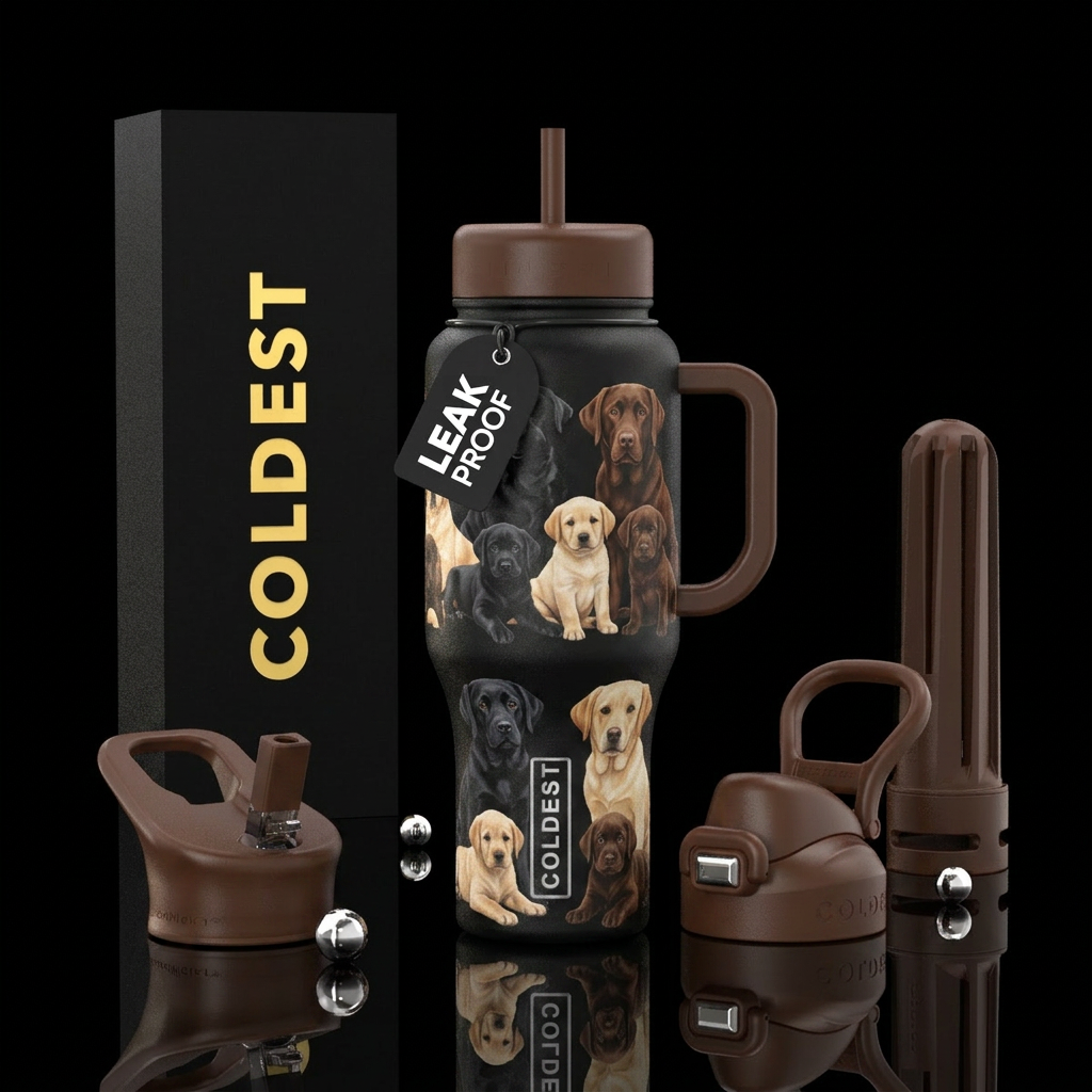 Black , Yellow and chocolate Labrador puppies with... water bottle design
