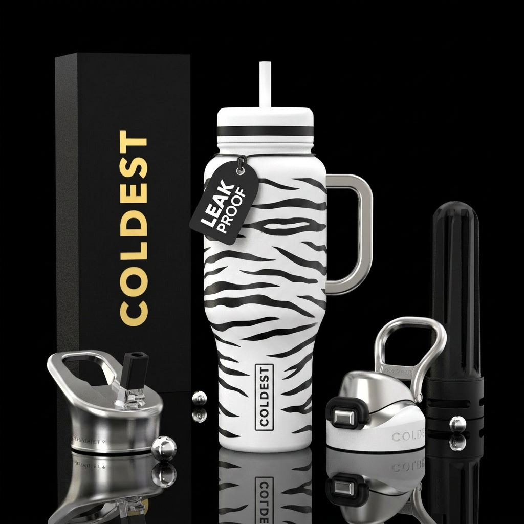 design a white bottle  with lateral black tiger st... water bottle design