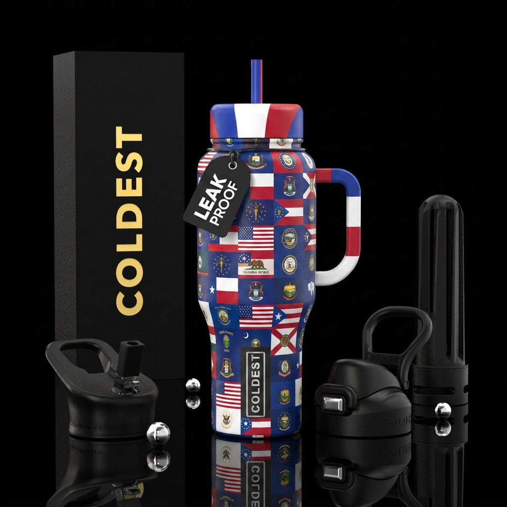 bottle with all 50 state flags represented and a r... water bottle design
