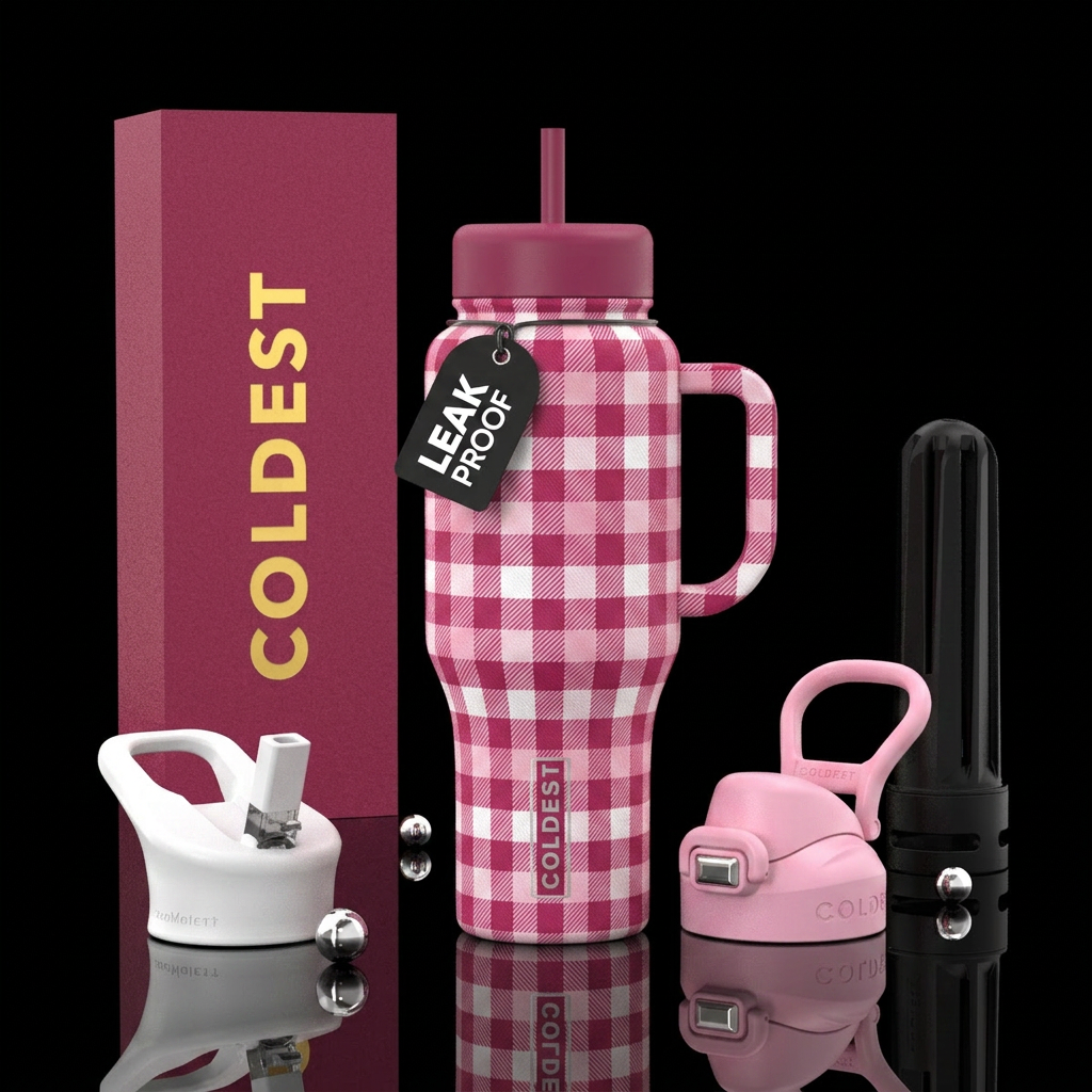 Dark pink, light pink, white gingham water bottle design