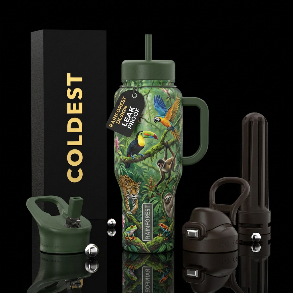Rainforest with rainforest animals water bottle design