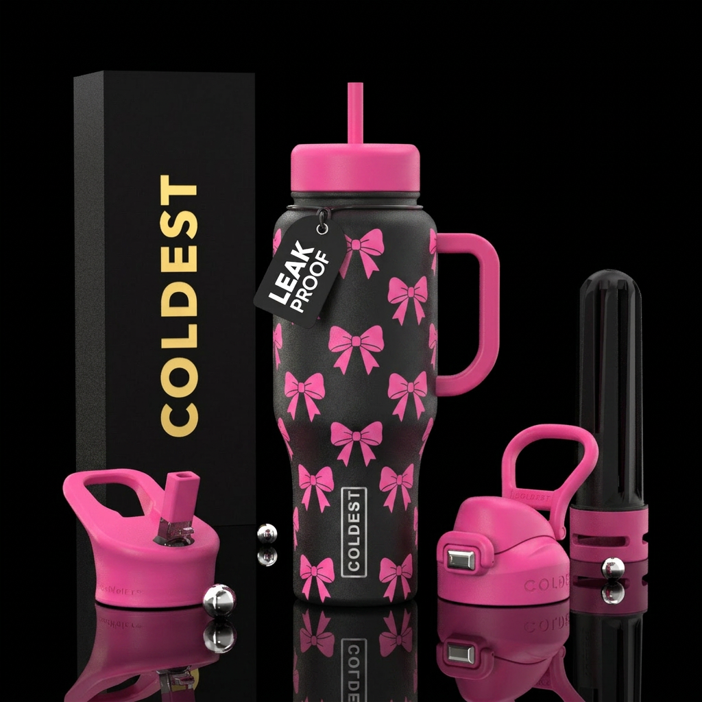 Pink bow print water bottle design