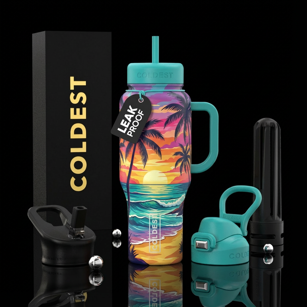 Beachy palm tree water bottle design
