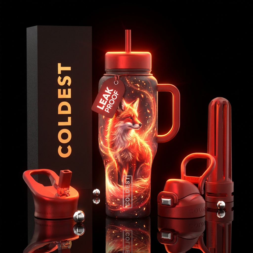 beautiul, magical, glowie, firery red fox with red... water bottle design