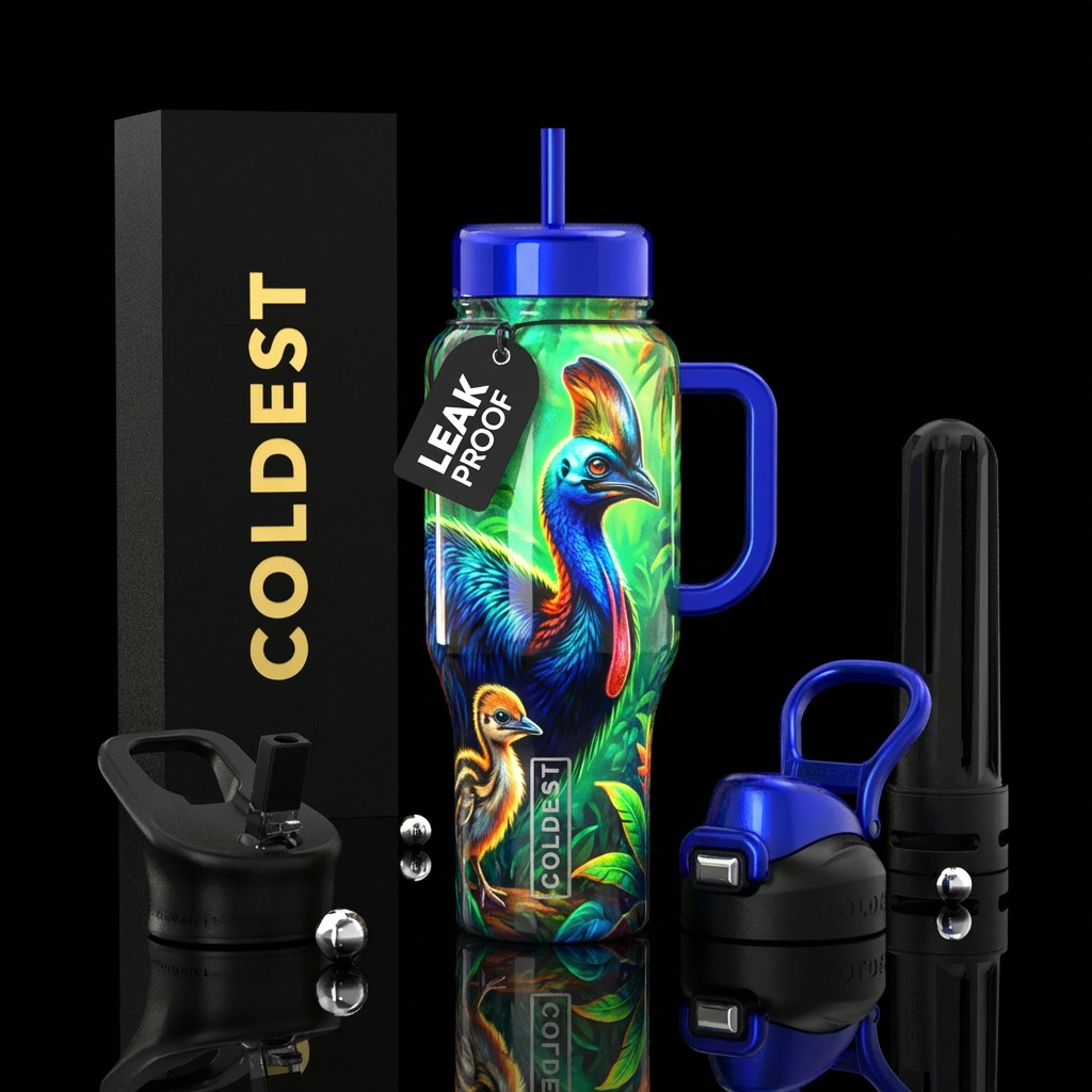 glowie, shiny, beautiul, vibrant, realism Cassowar... water bottle design