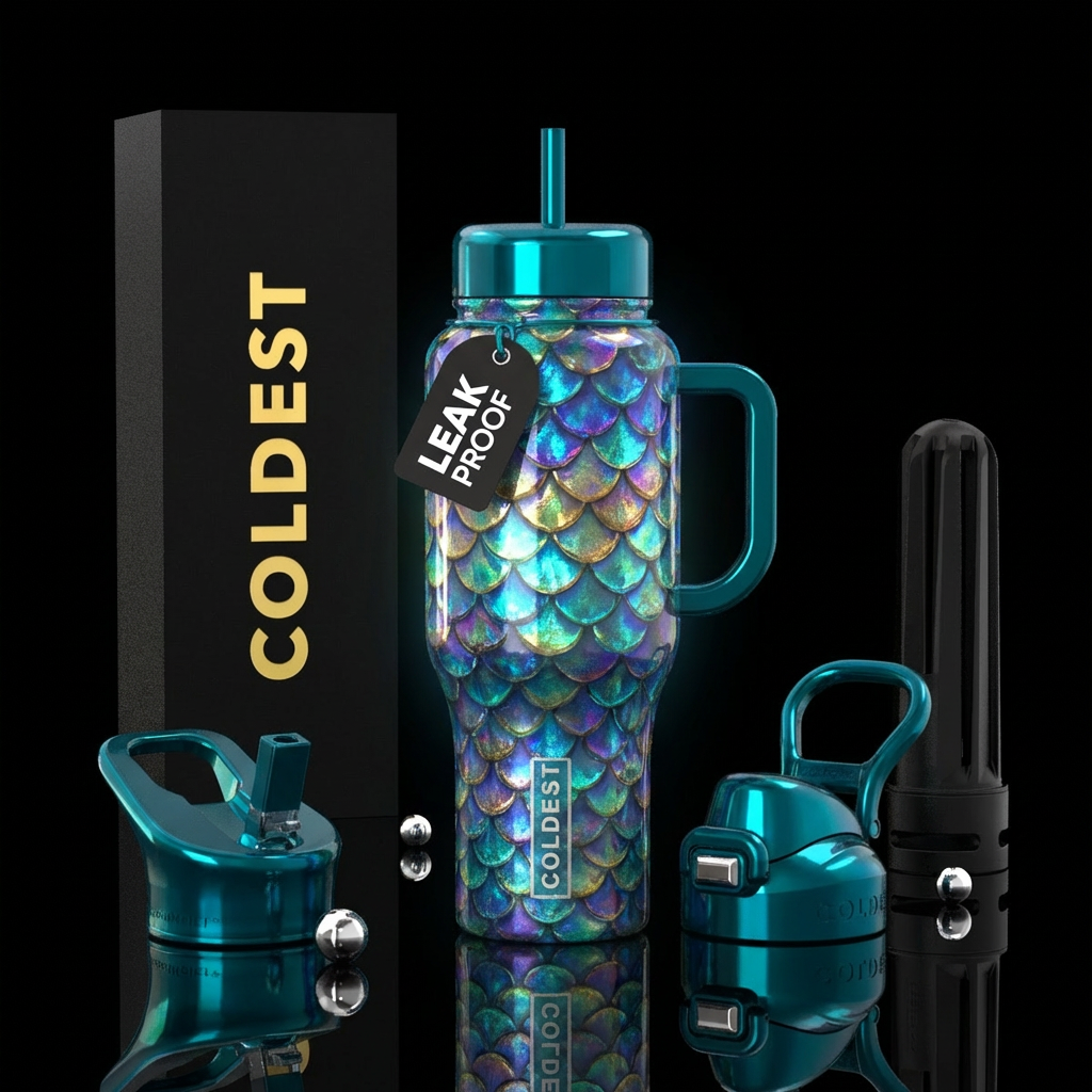 glowie, shiny, vibrant, realism dragon with mermai... water bottle design