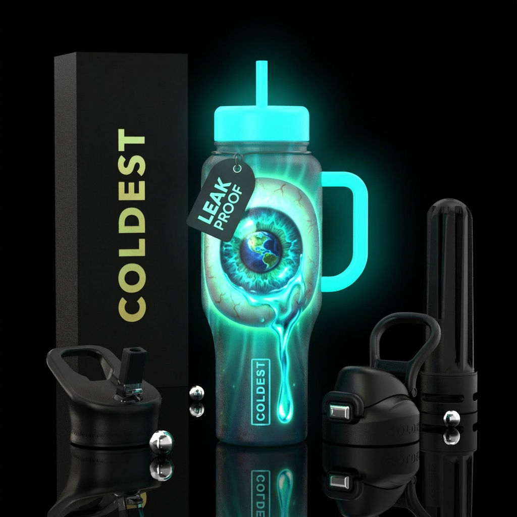 glowie, shiny, vibrant, realism eyeball with the w... water bottle design