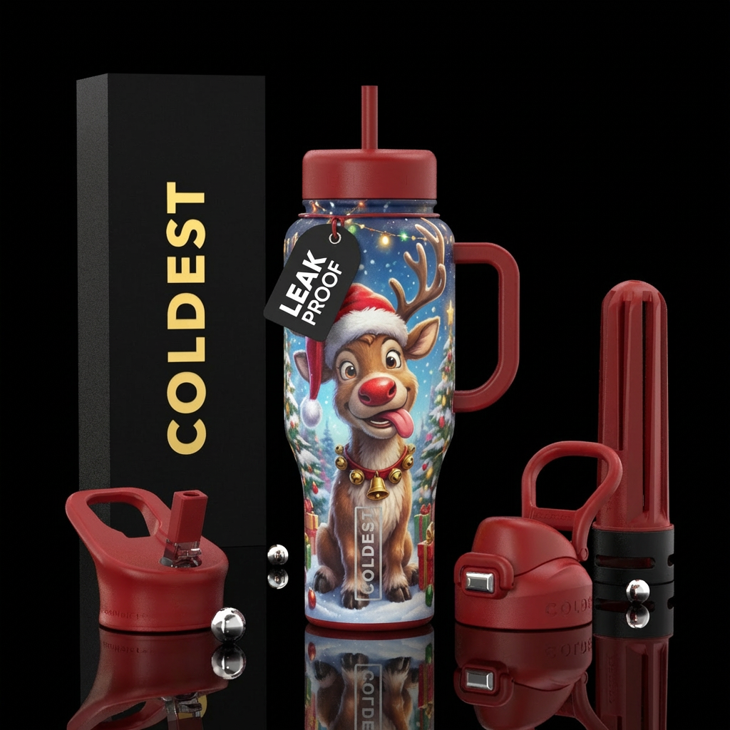 Cute funny reindeer with a Christmas hat on and an... water bottle design