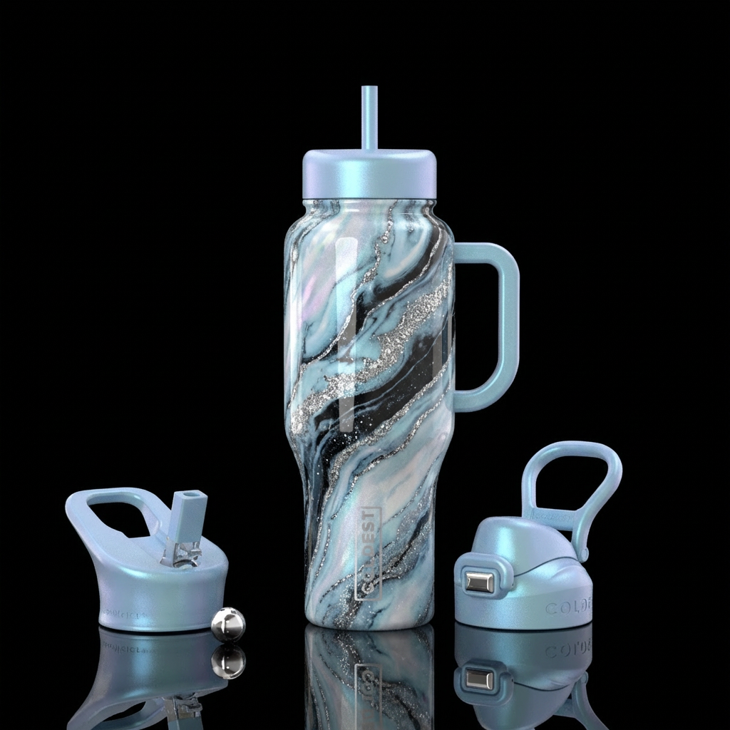 Pearlescent opal blue and black and sparkly silver... water bottle design