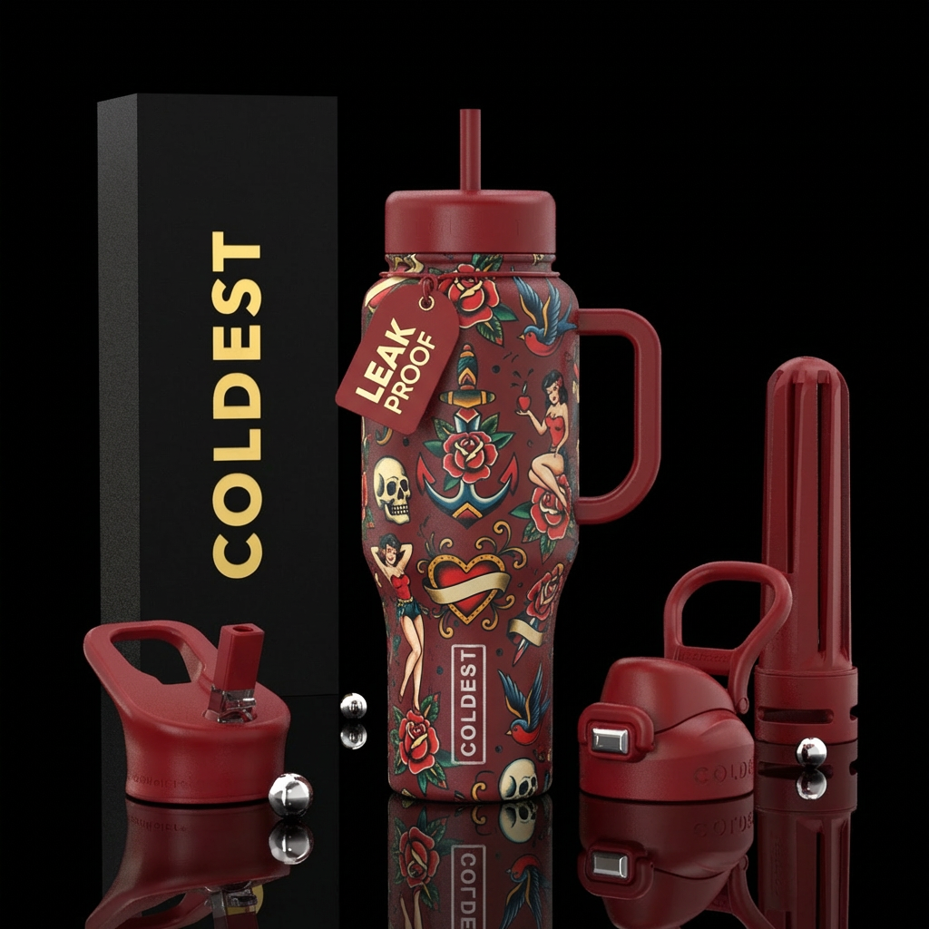 classic tattoos, seamless water bottle design