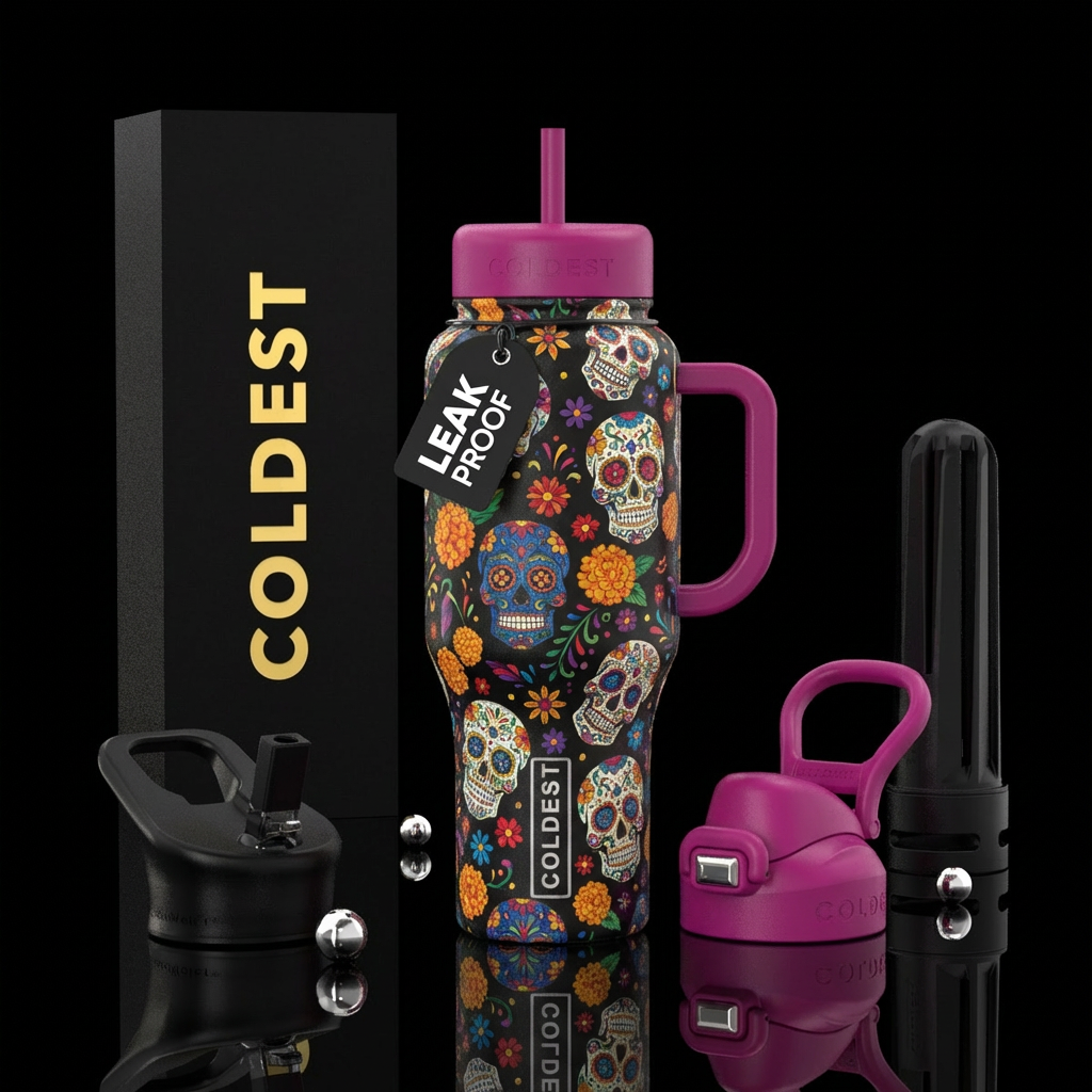 colorful Mexican sugar skulls, black background, v... water bottle design