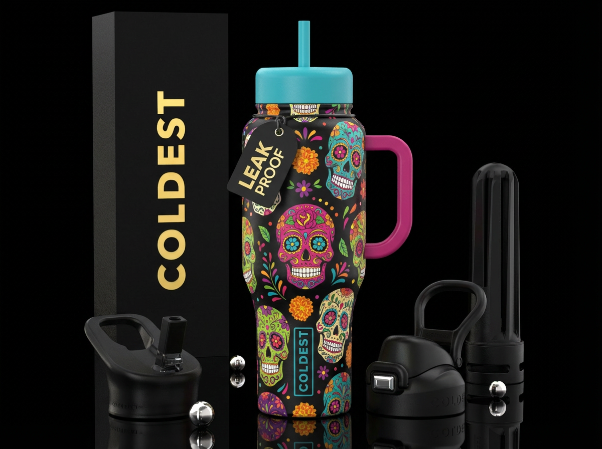 colorful Mexican sugar skulls, black background, v... water bottle design