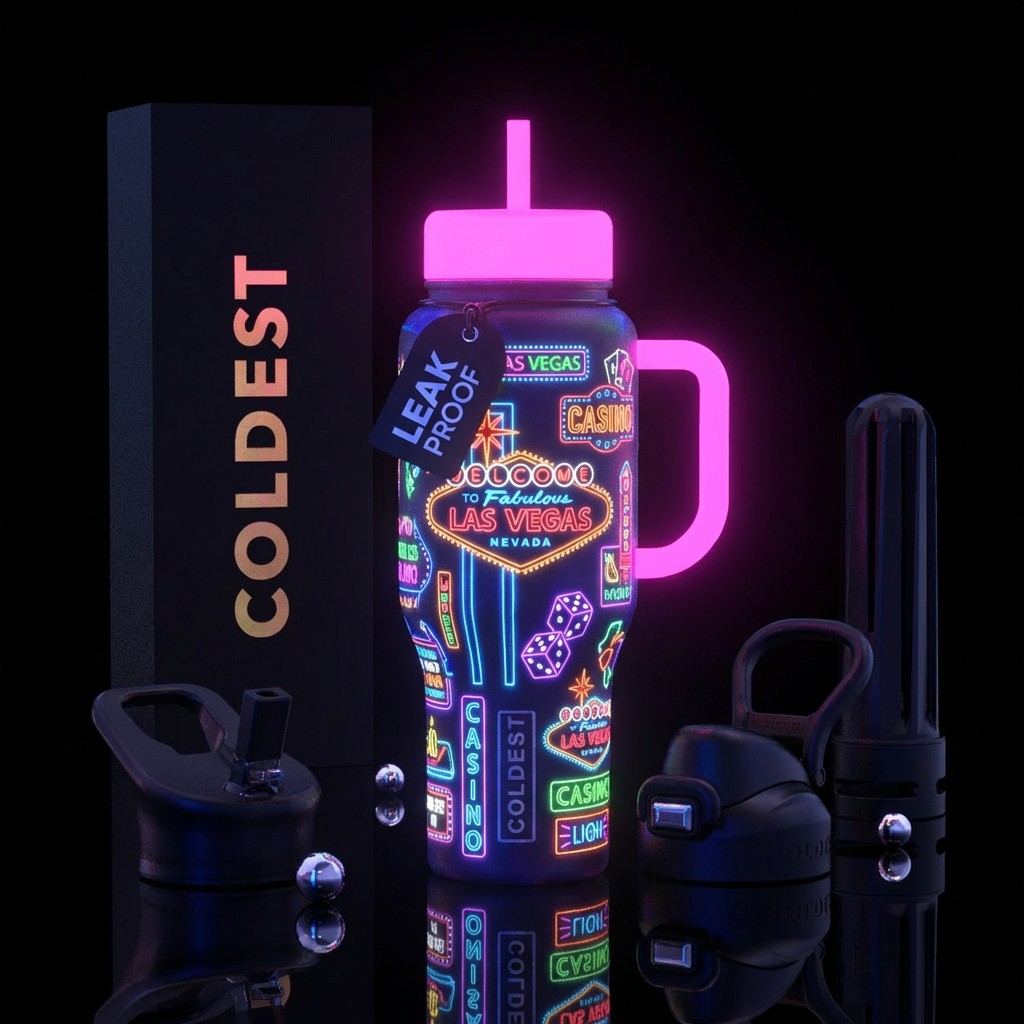 neon lights, las Vegas style signs, glowie water bottle design