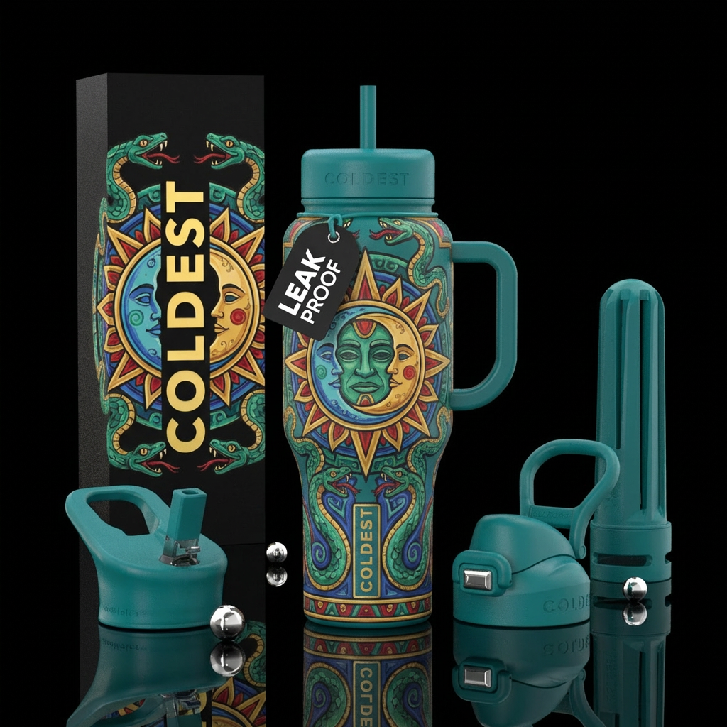 Mayan, sun and moon, vibrant colors, snake water bottle design