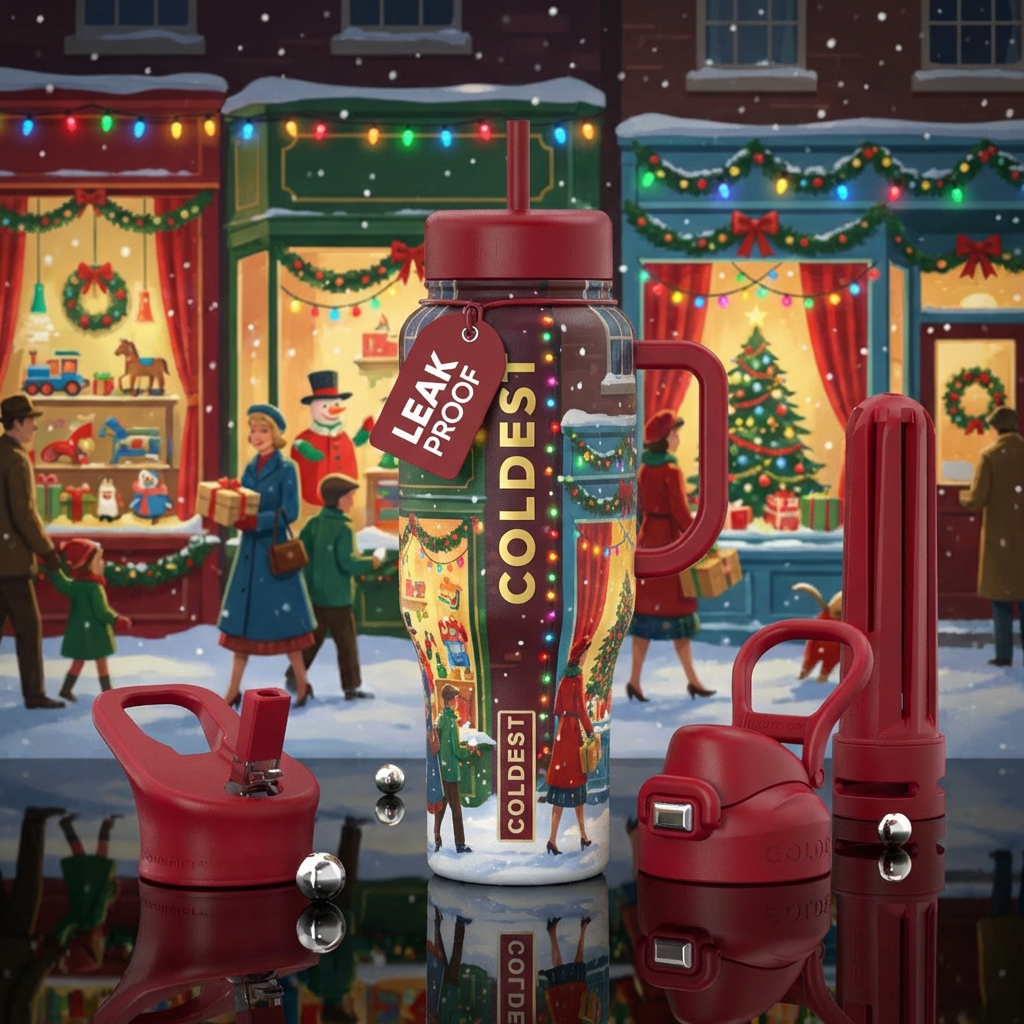 christmas shop windows display, 1950s, snowy stree... water bottle design