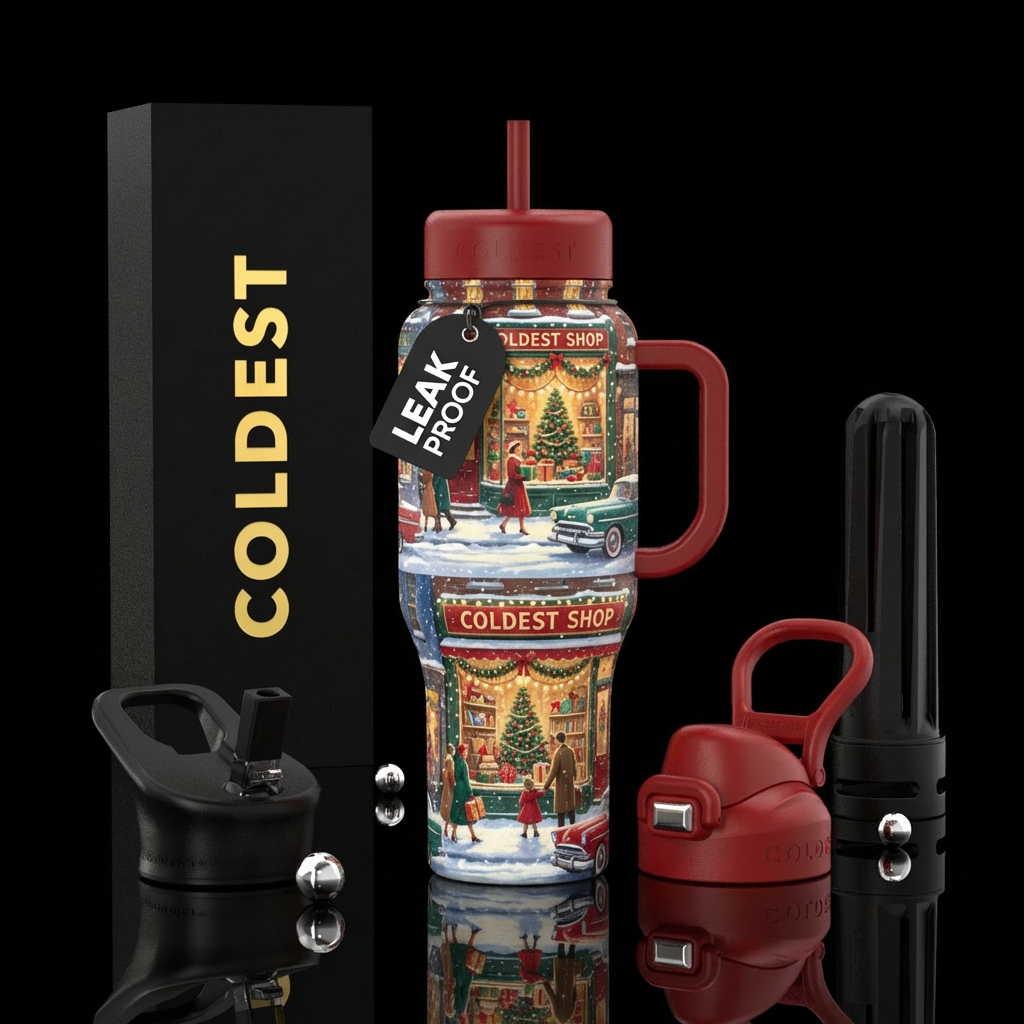christmas shop window display, 1950s, snowy street... water bottle design