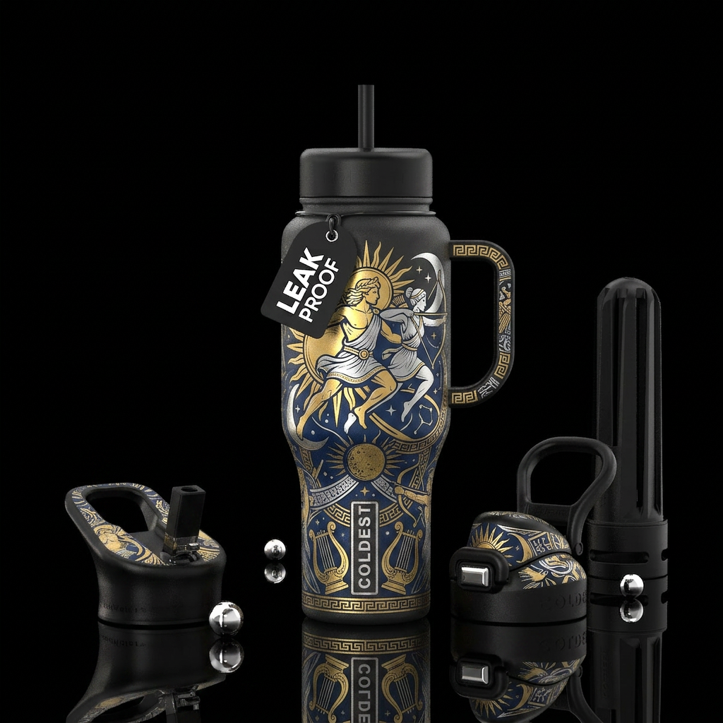 Greek Mythology, Artemis, Apollo, sun, moon water bottle design