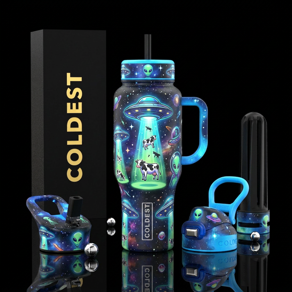 ufo, abduction, cow. Stars, aliens water bottle design