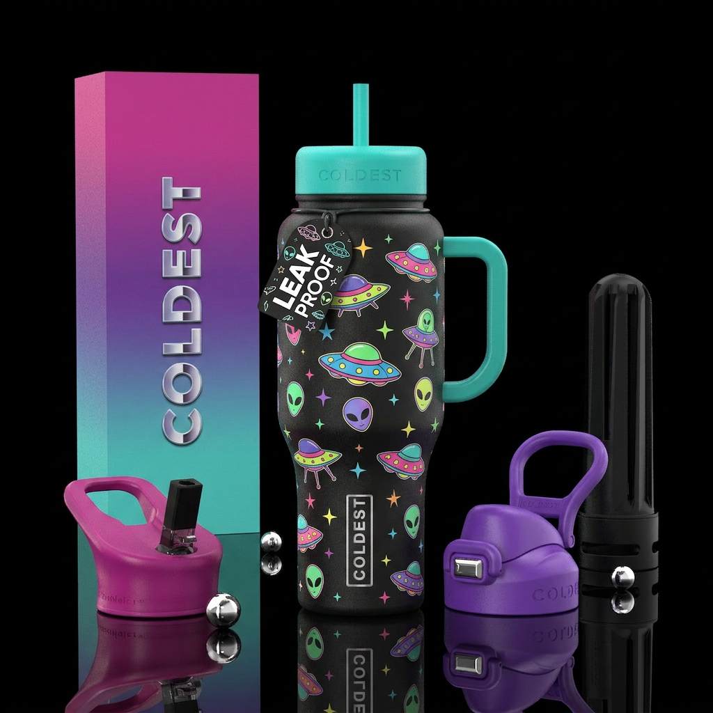ufo, Stars, aliens. 90s water bottle design