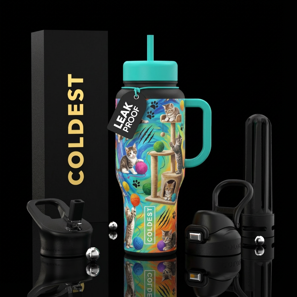 Kittens playing with balls balls and sitting on ca... water bottle design