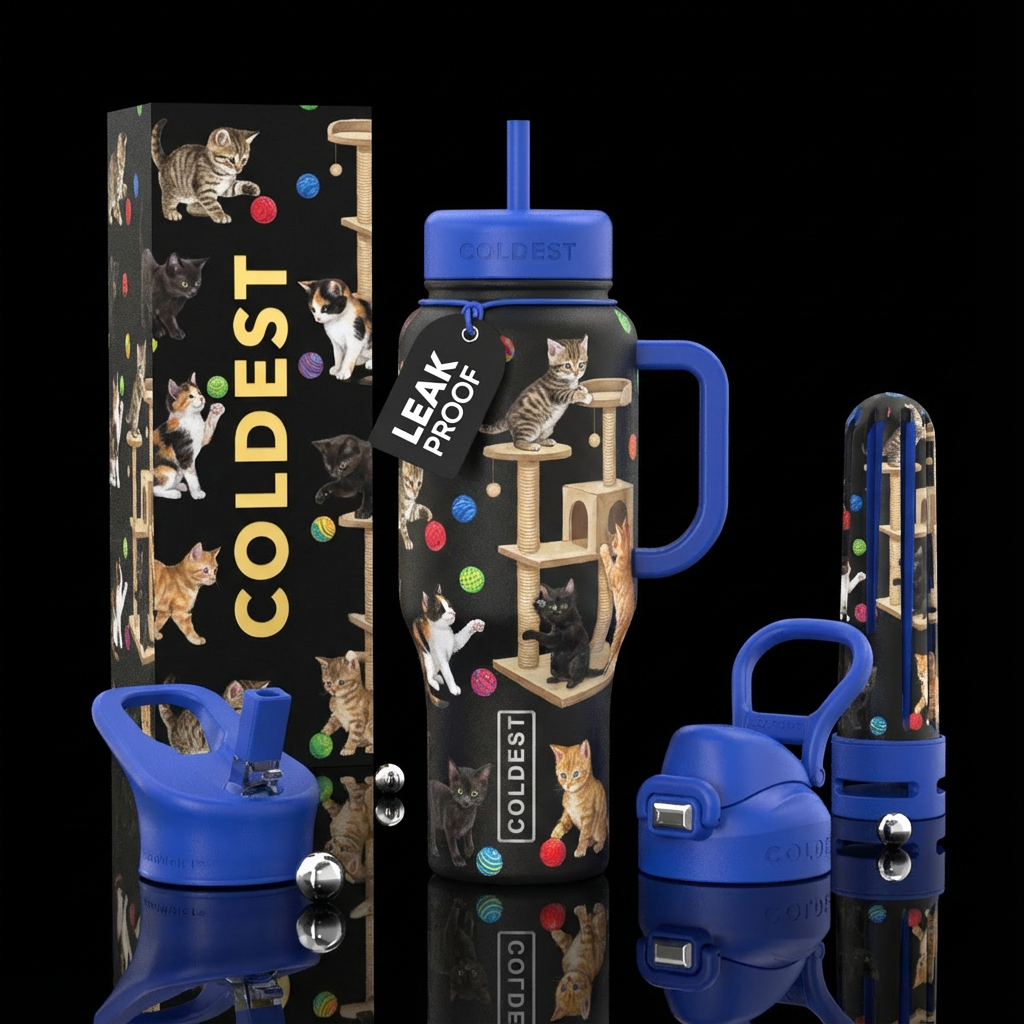 Kittens playing with balls balls and sitting on ca... water bottle design