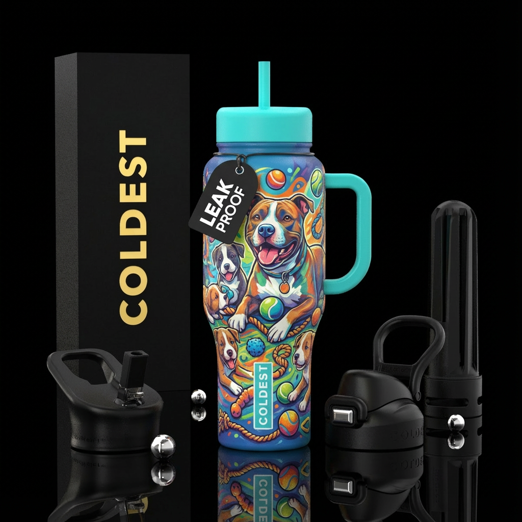Pittbull adult and puppies playing with balls and ... water bottle design