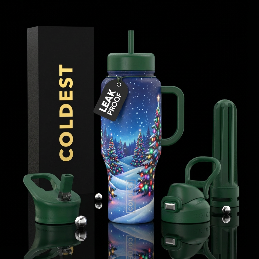 Snowy landscape with christmas trees light with co... water bottle design