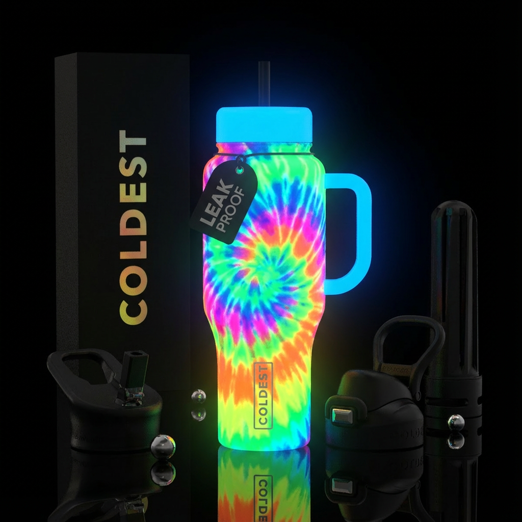 Glow in the dark tie dye water bottle design