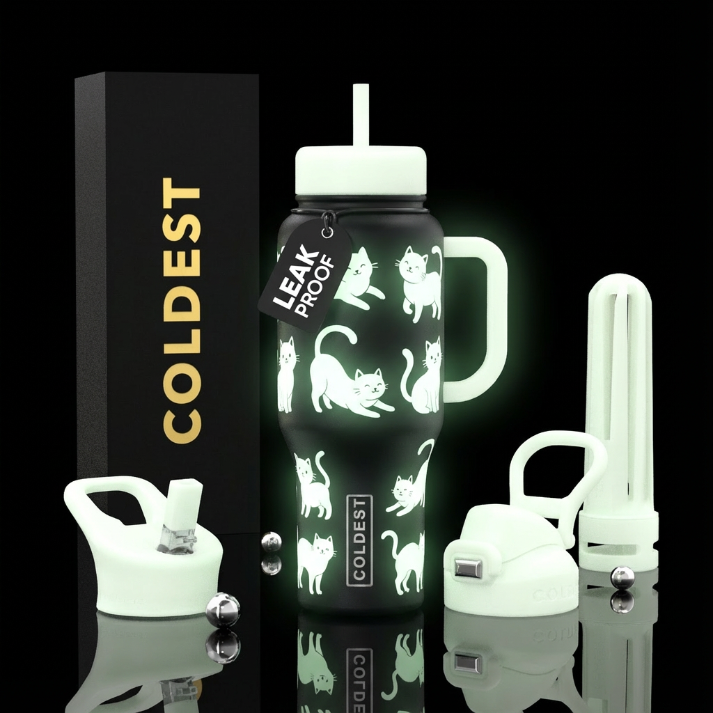 White glow in the dark cats playing on a black bot... water bottle design