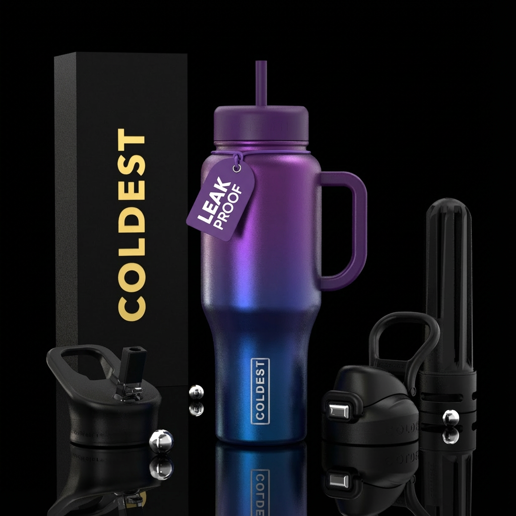 A metallic dark blue on the bottom that changes to... water bottle design