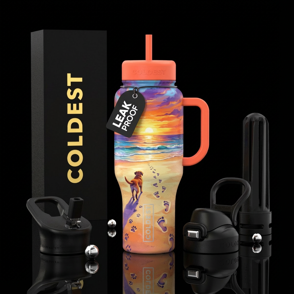 Dog and person footprints walking away down the be... water bottle design