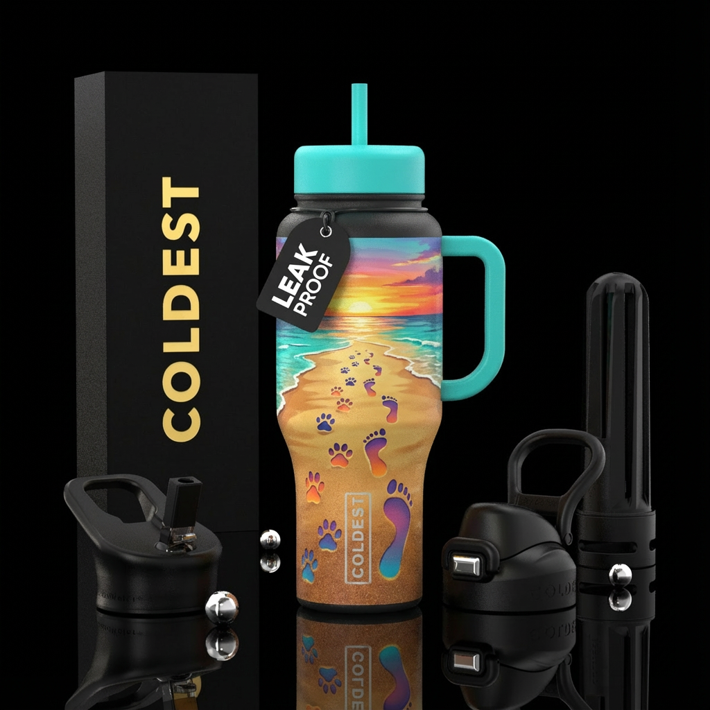 Dog and person footprints walking away down the be... water bottle design