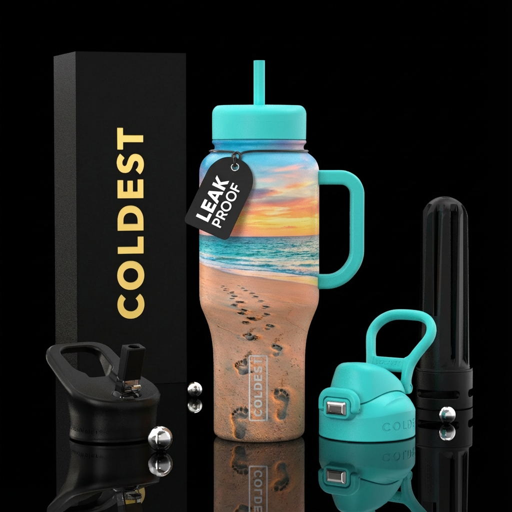 Dog and person footprints walking away down the be... water bottle design
