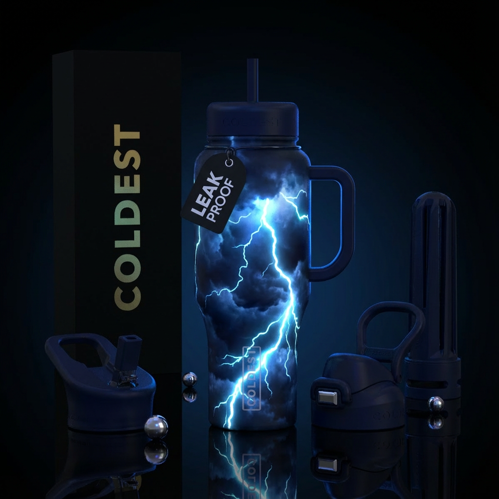 A dark blue almost black bottle with thunder cloud... water bottle design