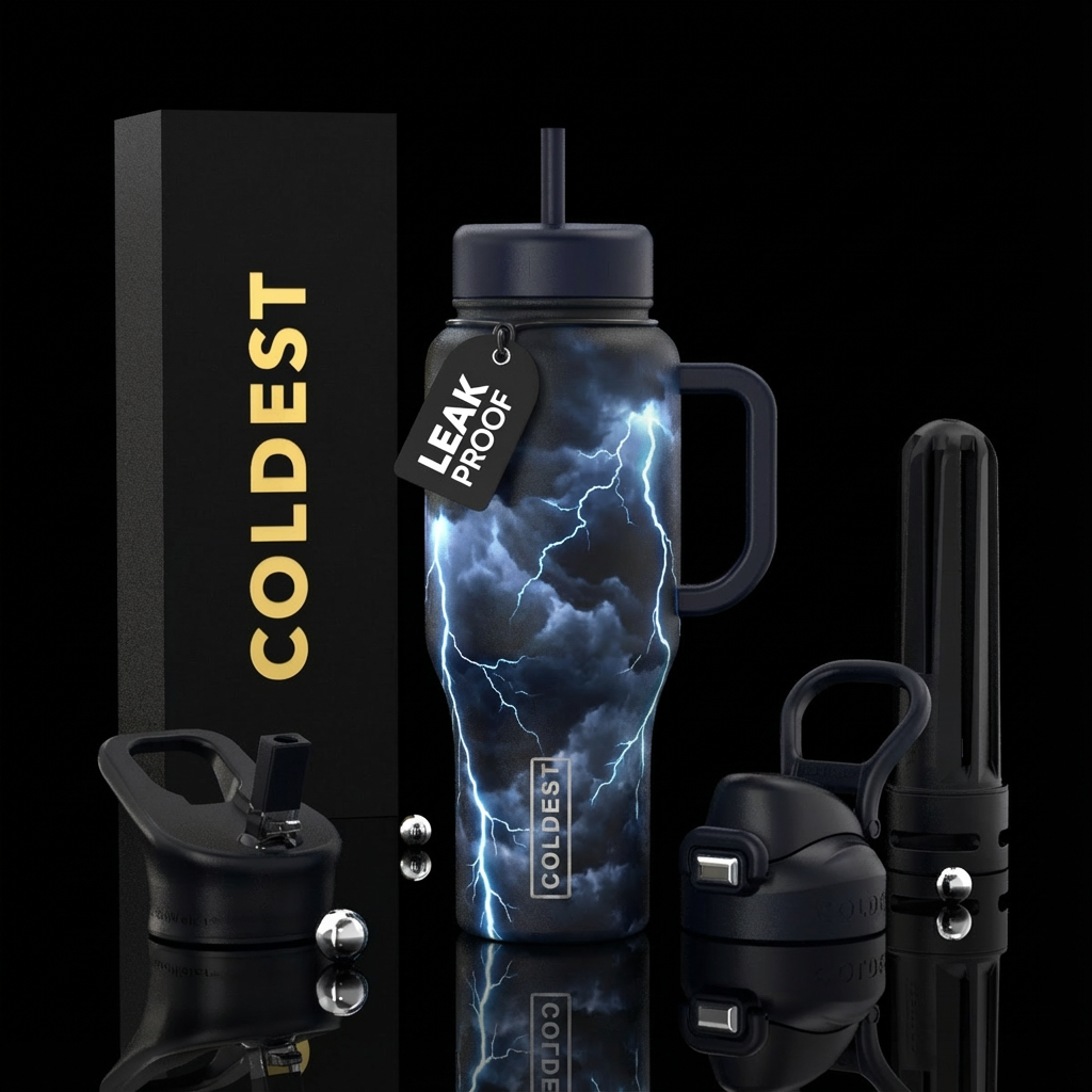 A dark blue almost black bottle with thunder cloud... water bottle design