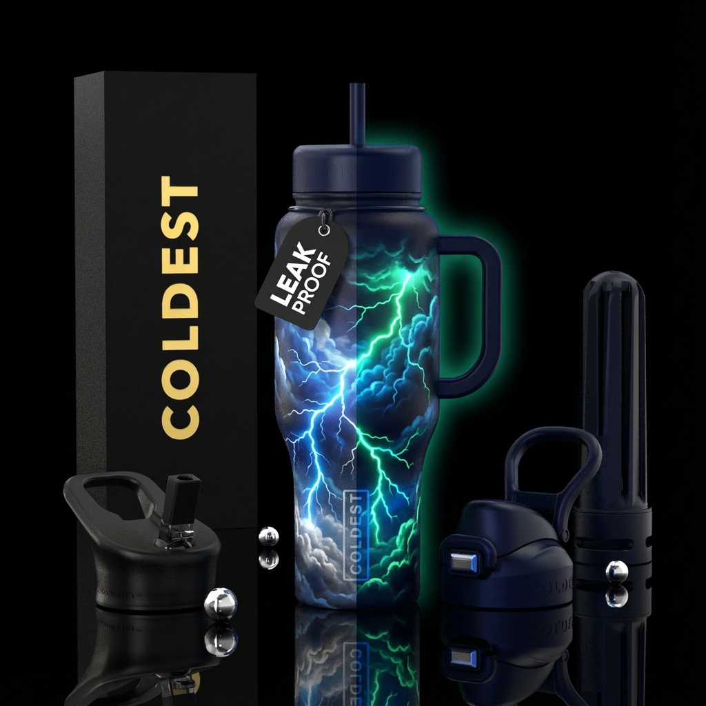 A dark blue almost black bottle with thunder cloud... water bottle design