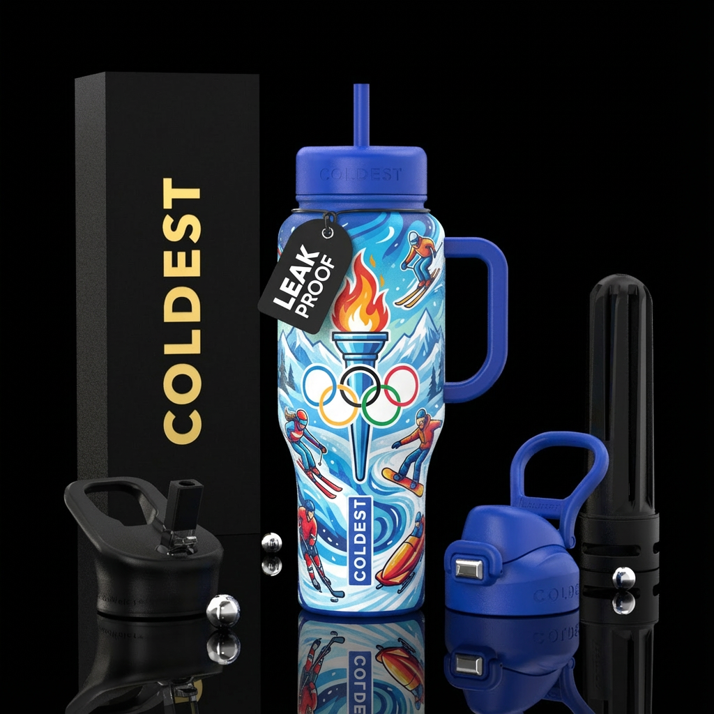 Winter Olympics sports with the Olympic torch and ... water bottle design