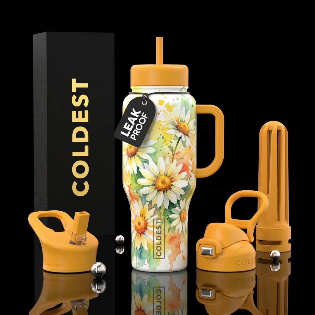 vibrant, beautiul, watercolor daisy water bottle design