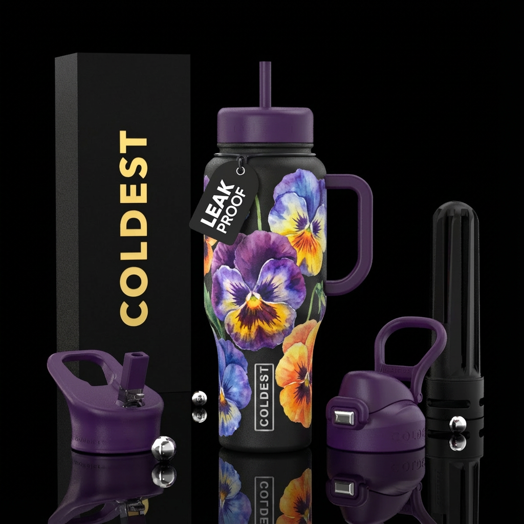 vibrant, beautiul, watercolor pansies water bottle design