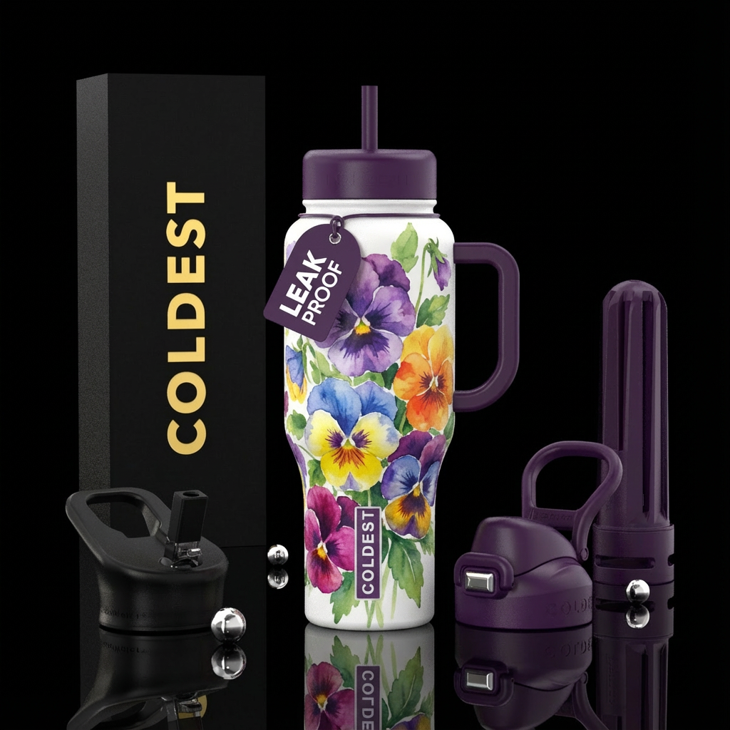vibrant, beautiul, watercolor pansies water bottle design