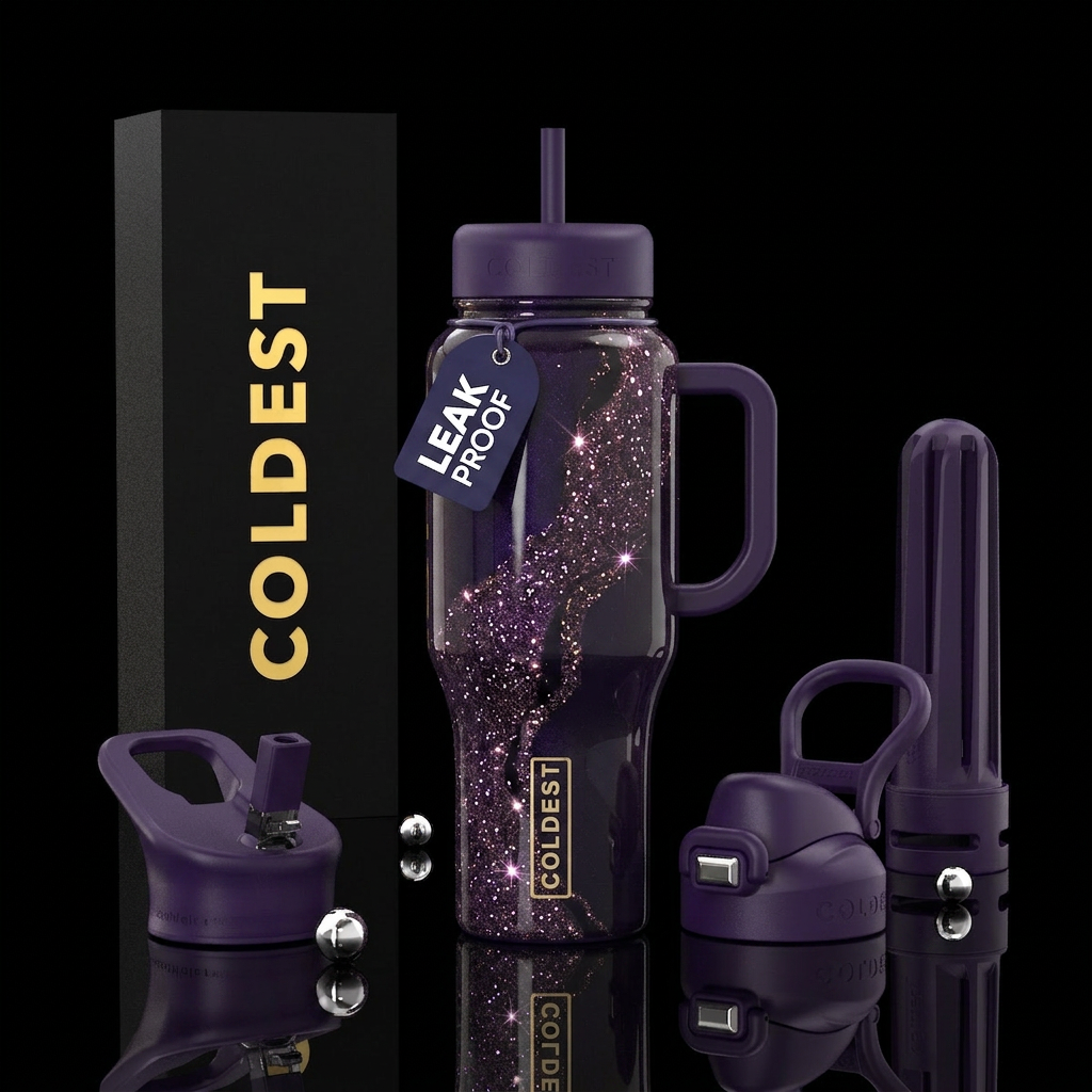 Dark purple gold glitter river water bottle design