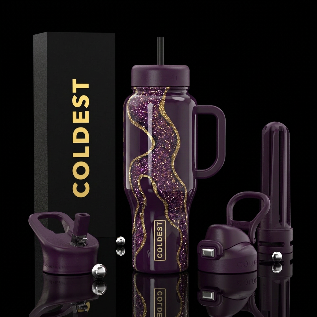 Dark purple gold glitter river water bottle design