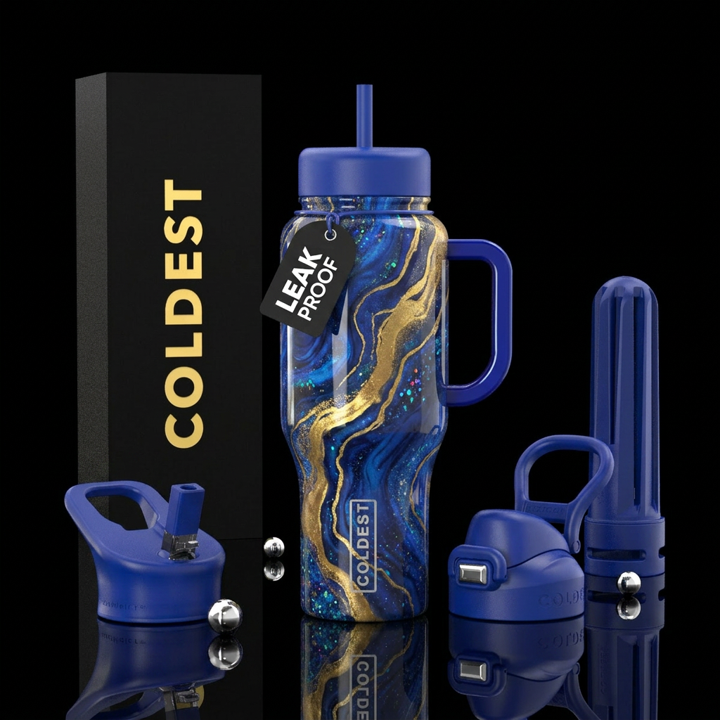 Cobalt blue gold river water bottle design