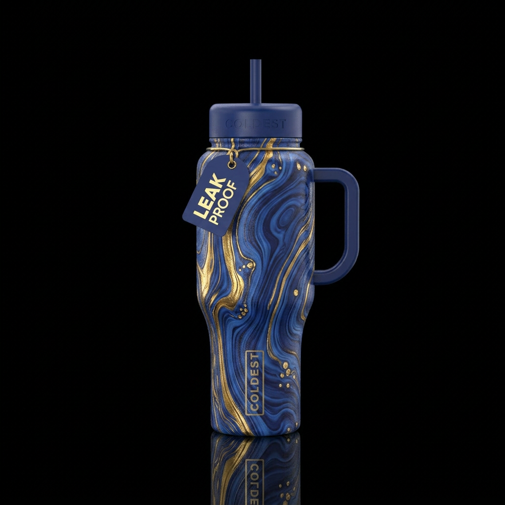 Cobalt blue gold river water bottle design