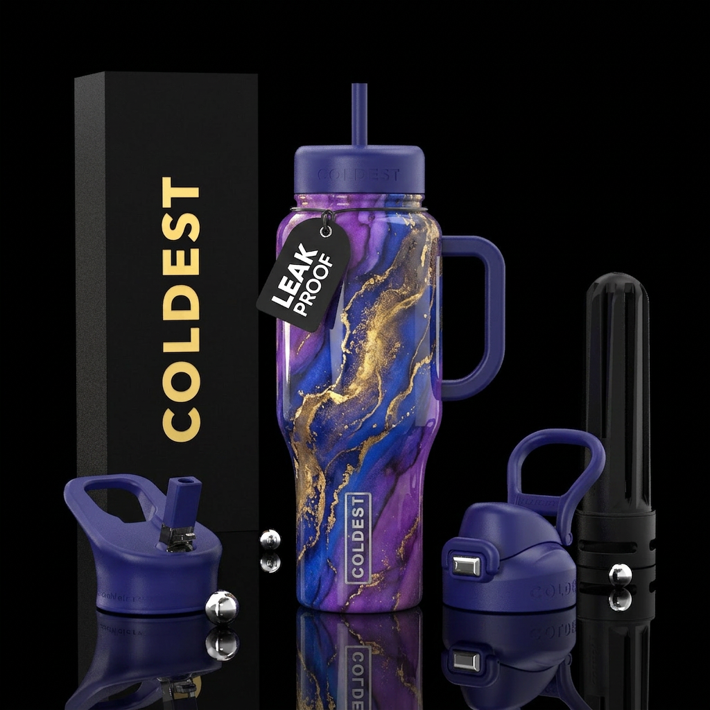 Purple and Cobalt blue gold river water bottle design
