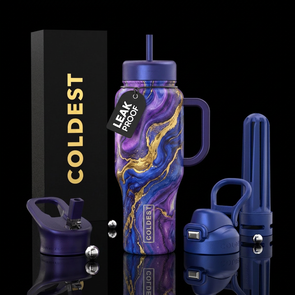 Purple and Cobalt blue gold river water bottle design