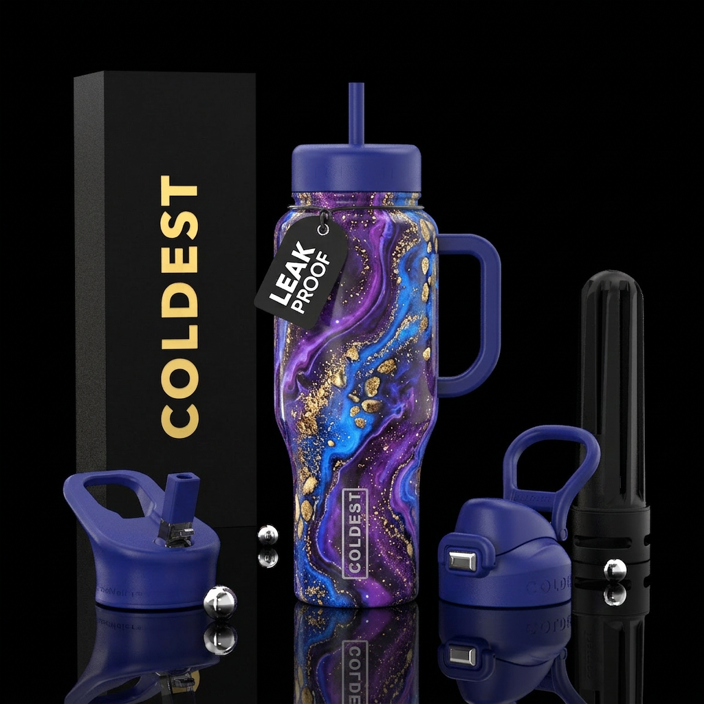 Purple and Cobalt blue gold river glow in he dark water bottle design