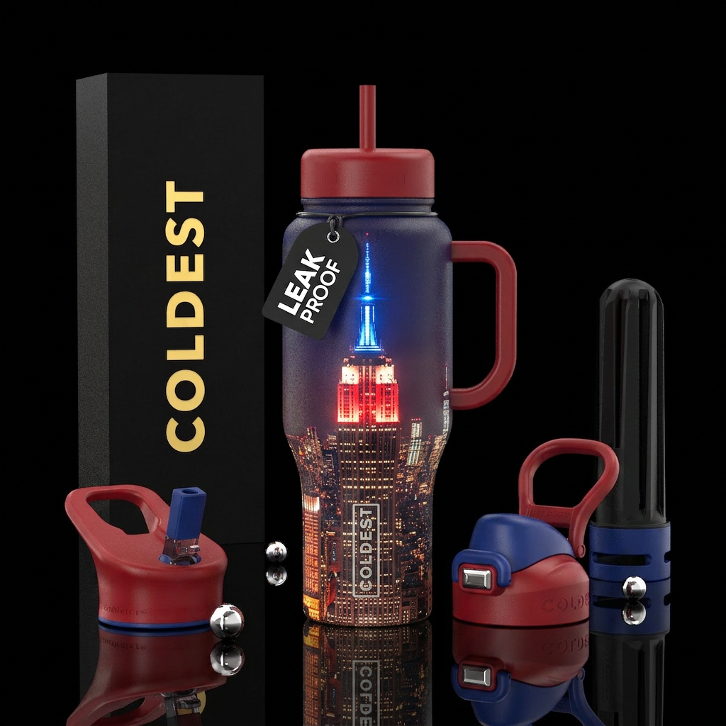 Empire State Building in red, white blue colors at... water bottle design