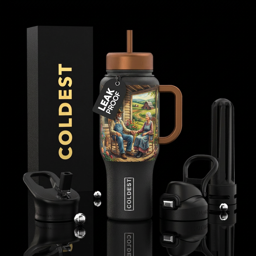 Old man and old woman sitting on front porch on th... water bottle design